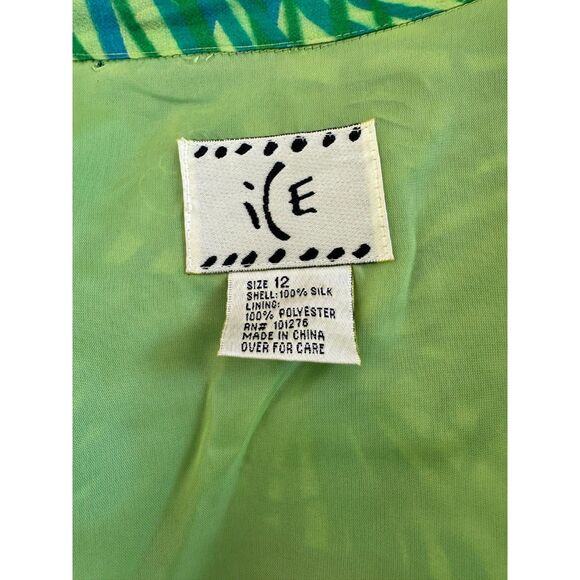 ICE Vintage Silk Wrap Dress Green Tropical Palm Print Chiffon Midi Summer Sz 12 - Picture 3 of 11